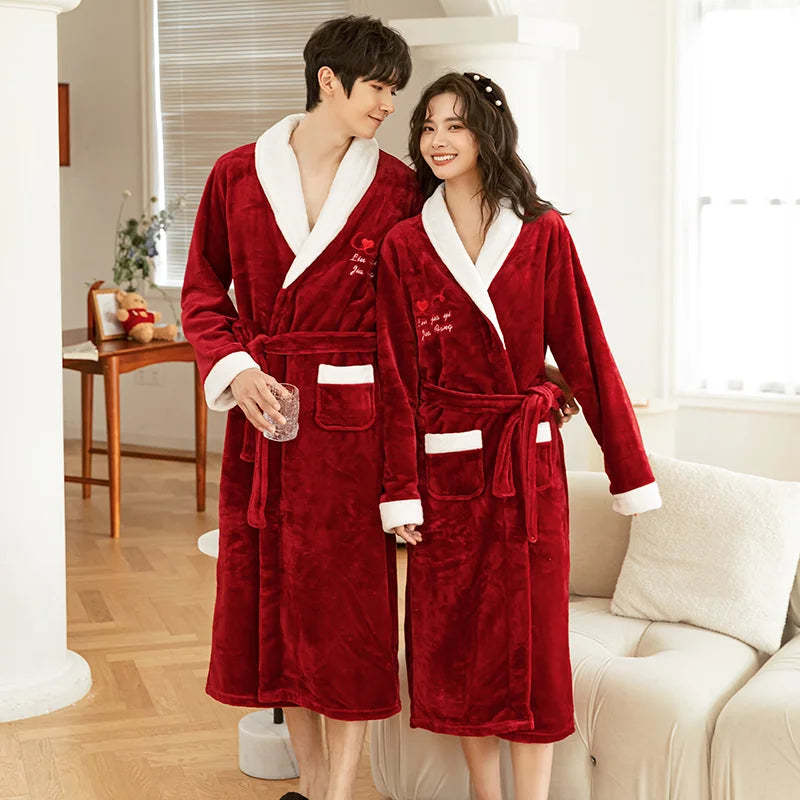 Thickened Coral Fleece Robe Long Home Wear for Men And Women Winter Warm Sleepwear Couple Matching Pajamas Velvet Fabric