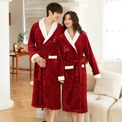 Thickened Coral Fleece Robe Long Home Wear for Men And Women Winter Warm Sleepwear Couple Matching Pajamas Velvet Fabric