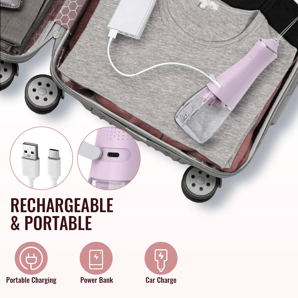 Electric oral irrigator with 3 cleaning modes, USB rechargeable, waterproof, 5 nozzles, portable dental irrigator