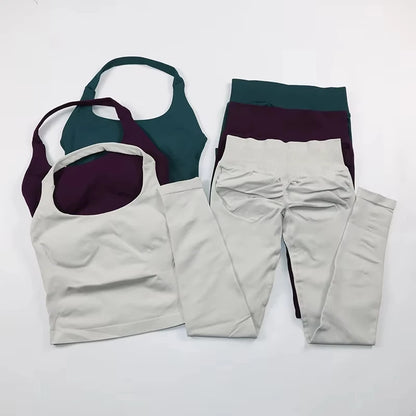 Women's Halter Neck Backless Yoga Set Seamless 2-Piece Outfit Ribbed High-Waist Scrunch Shorts Butt Lifting Gym Pilates Fitness