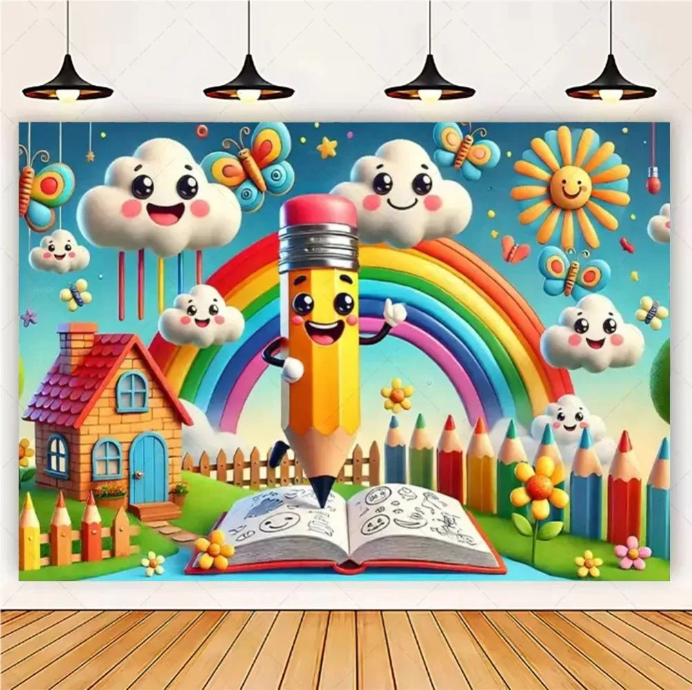Welcome Back To The School Blackboard, Pencil Banner Backdrop, Holiday Education Theme Decoration, Photography Background Cloth