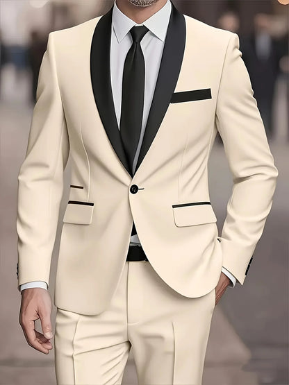 Men'S 2pcs Collar-And-Neckline, Single-Button, Slim-Fitting Solid-Color Jacket And Pants Set, Suitable for Men'S Dance Parties