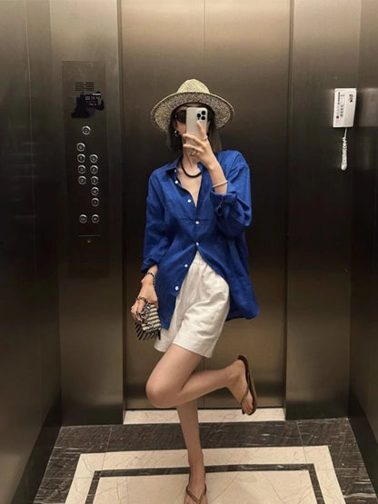 White Linen Cotton Blend Long Sleeve Shirt Women Summer Thin Loose Style Sun Protection Top Casual Commute Fashion  Collar