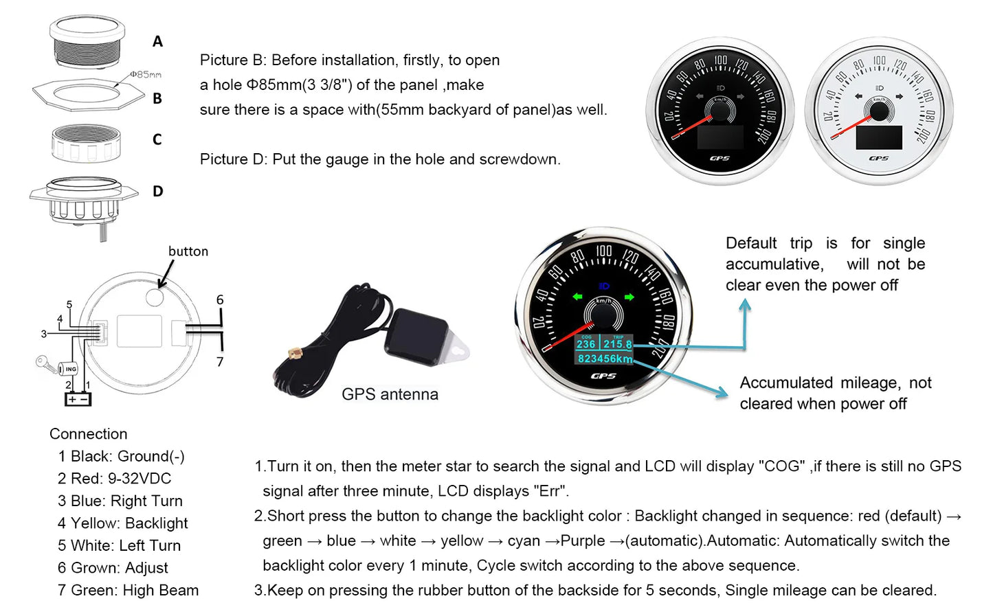 Waterproof 85MM GPS Speedometer With GPS Antenna 7 Color Backlight For Motorcycle Marine Boat Car Truck Speed Gauge Meter 12V24V