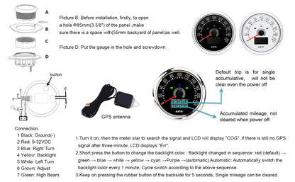 Waterproof 85MM GPS Speedometer With GPS Antenna 7 Color Backlight For Motorcycle Marine Boat Car Truck Speed Gauge Meter 12V24V