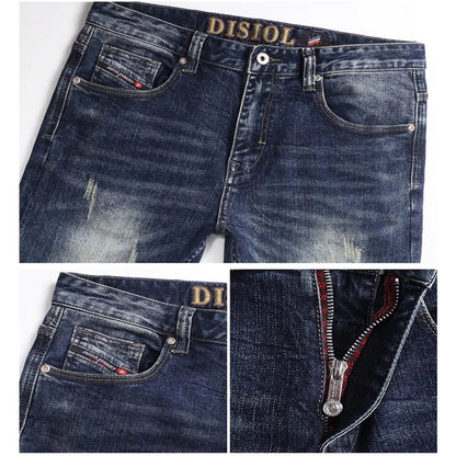 Y2K Fashion New High-Quality Jeans Scratch Wash Nostalgic Stretch Slim Fit Retro Blue Men's Jeans Designer High-Quality Jean