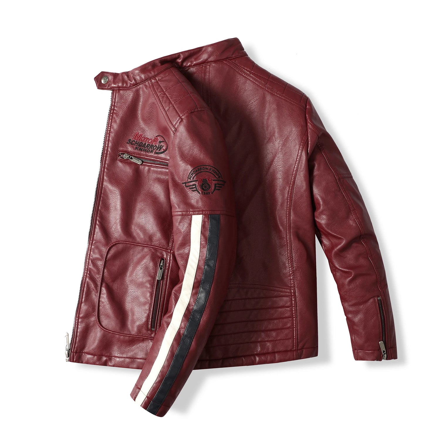 Men's PU Leather Motorcycle Racing Suit Color Embroidered Jacket with Cotton Inner for Racing
