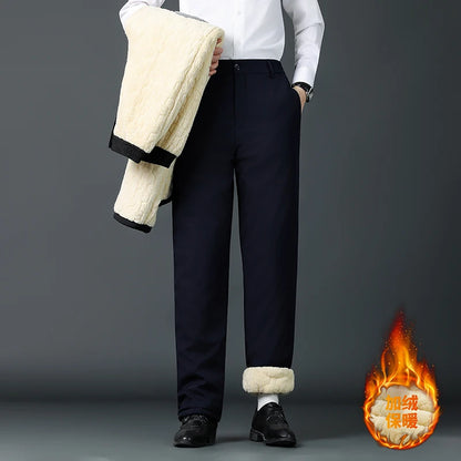 Winter Dad Pants Outdoor Cotton Pants Men Fleece Lined Thickened Casual Pants Lamb Wool Men's Warm Knee Pads Casual Pants