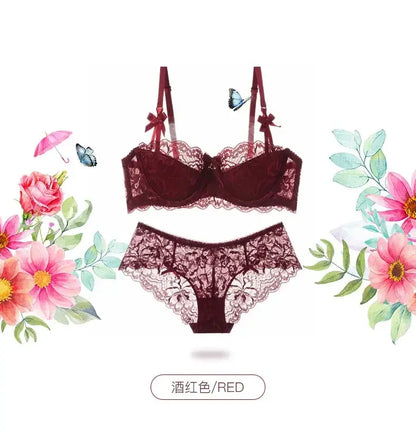 Sexy French Lace Push Up Bra Set for Small Chest, Anti Sagging Half Cup Demi Bra & Panty Lingerie Set, Sheer Adjustable Straps