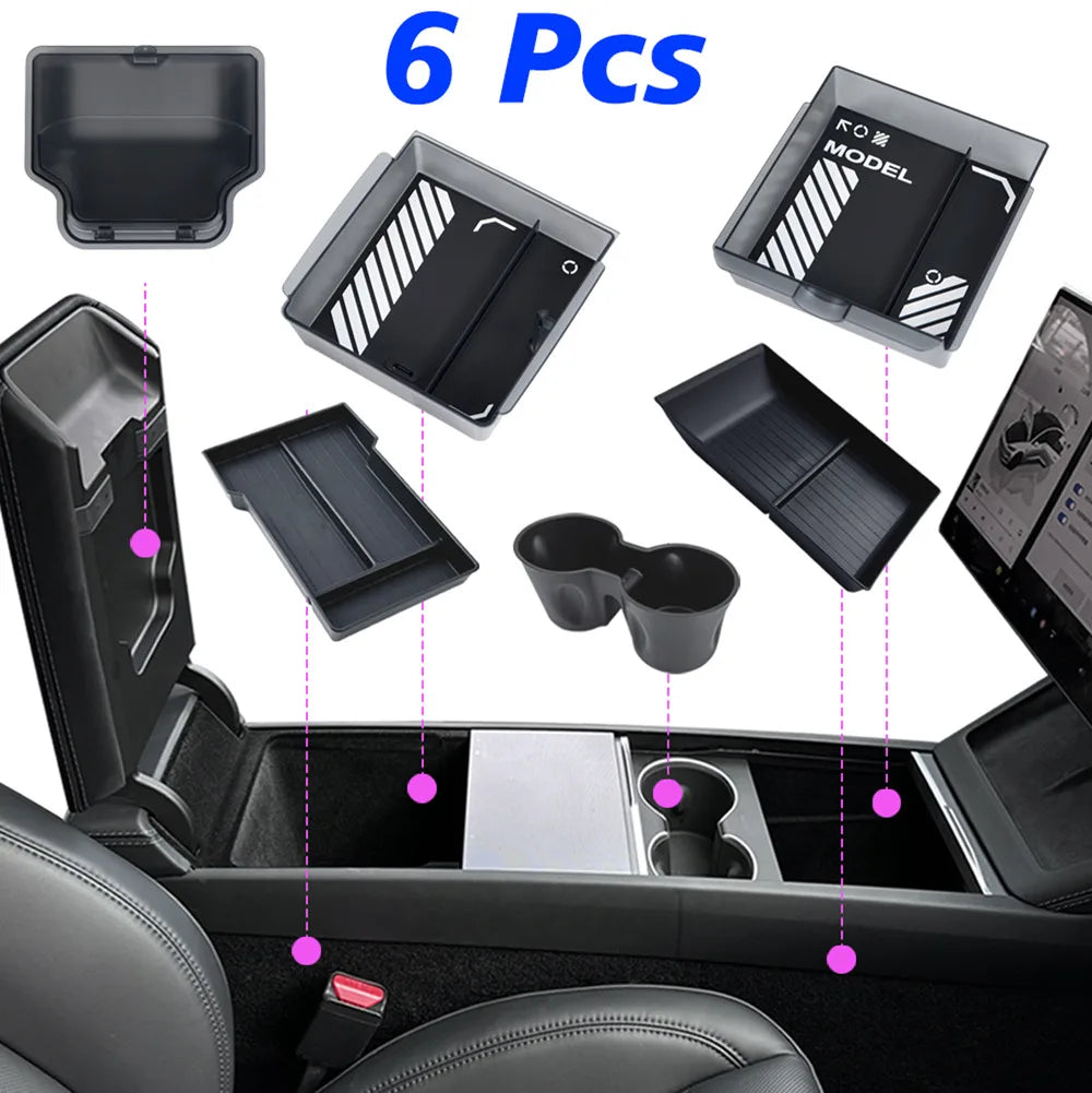 Interior Storage Organizer Fits Tesla Model Y Juniper 2026 Model YL Translucent ABS Console Box 2/4/6PCS Custom-fit Silicone Mat