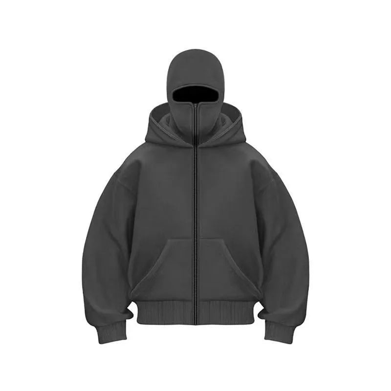 Men's Full Zip Hoodie with Built-in Face Mask Balaclava Techwear Sweatshirt with Crossbody Strap Tactical Streetwear Top