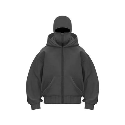 Men's Full Zip Hoodie with Built-in Face Mask Balaclava Techwear Sweatshirt with Crossbody Strap Tactical Streetwear Top