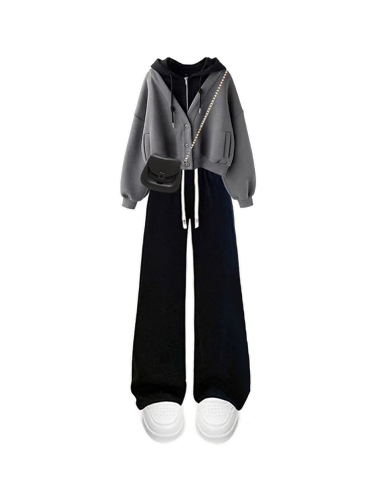 Fashionable Long Sleeve Hoodie And Wide Leg Pants Set Women's Autumn Winter Casual Straight Cut Two Piece Ensemble