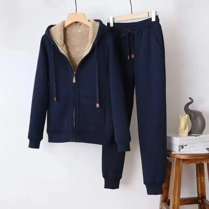 Thickened Fleece Winter Sportswear Set Women's Long Sleeve Hoodie Jacket And Pants Casual Slimming Pure Color Trendy Short Coat