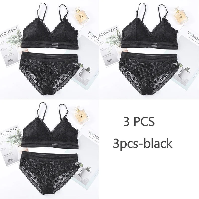 3 Piece Set Bra Sexy Lace Beauty Back Suit Underwear Gather Seamless Women's Underwear Panties Comfortable Lingerie