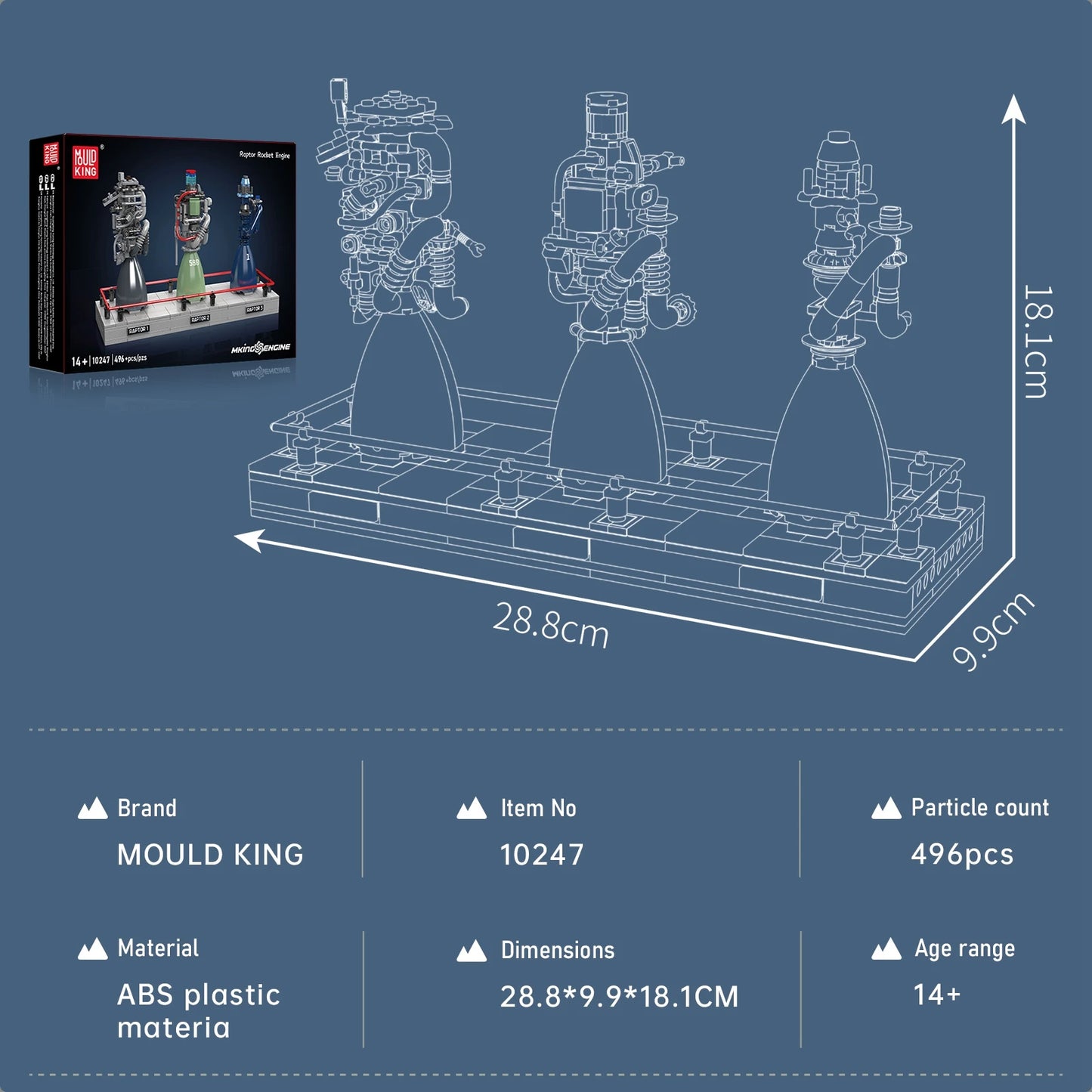 Mould King 10247 Raptor Rocket Engine Building Blocks Science and Education Model Power Drive Kids STEM Toy Adults Creative Gift