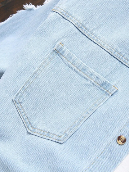 Men's Light Blue Ripped Distressed Washed Denim Long - Sleeve Shirt for Spring and Autumn