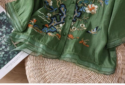 Large Size Mom Embroidered irt Women's Spring New Cotton Linen irt High End f Sve Seven Sve Women's Top