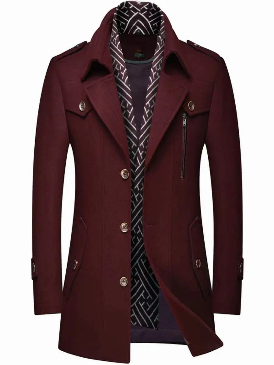 Thickened Men's Woolen Coat Scarf Collar Mid-Length Tweed Outerwear Winter Fashion Slim Fit Pocket Detail Pure Color Design