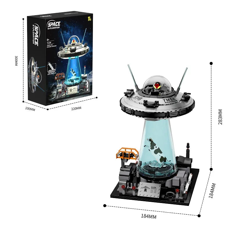NEW UFO Cow Abduction Spacecraft Building Blocks With Light Motor Set Spaceship Bricks Toys Desktop Ornament Model Boys Gifts