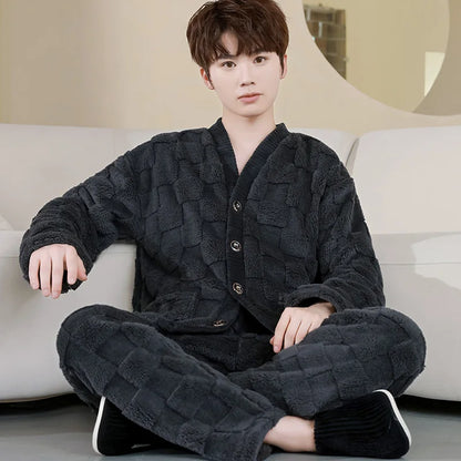 Thick Coral Fleece Sleepwear Men's Autumn Winter Casual Large Size Outdoor Wearable Flannel Home Clothes Set V-Neck Long Sleeve