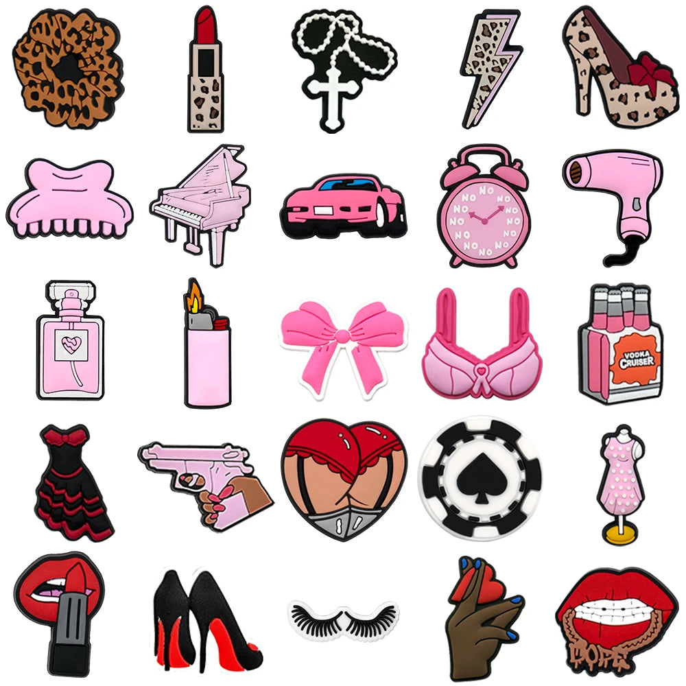 1/25PCS Glamour & Edgy PVC Shoe Charms for Clogs, Leopard Lipstick, Pink Car, High Heels DIY Accessories for Teens & Adults
