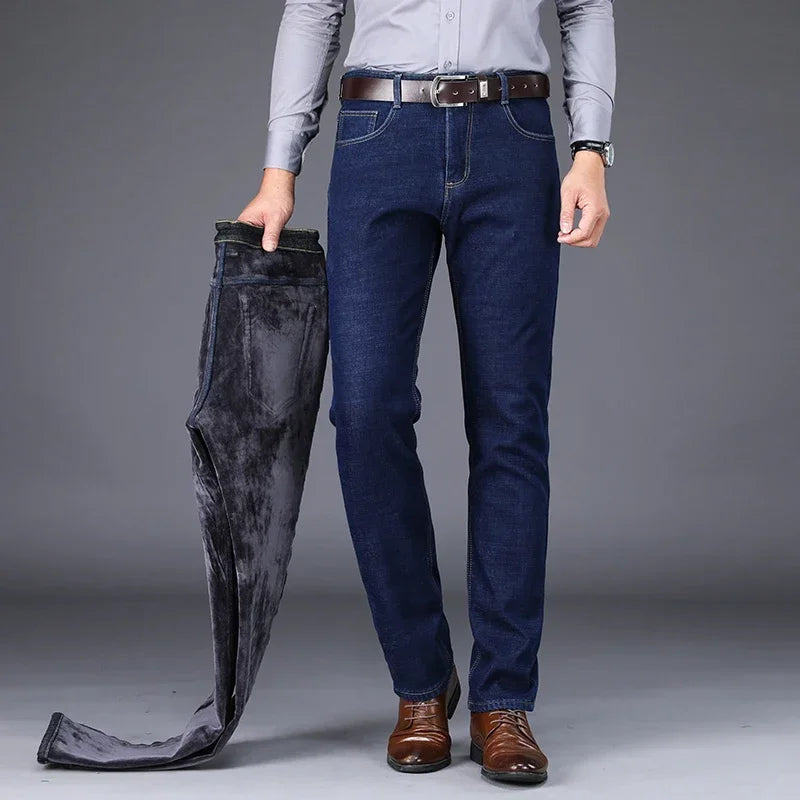 2025 Winter Warm Men's Jeans Fleece Thickened Elastic Straight Business Casual Denim Pants Plush Velvet Comfortable Trousers
