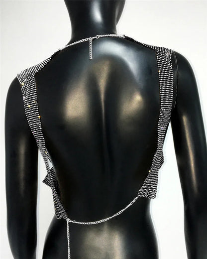 Shiny Rhinestone Sequins Crop Top Sexy Backless Round Neck Metal Tank Top For Women 2024 Fashion Nightclub Party Camisole