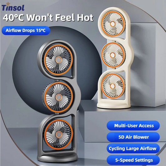 TINSOL 2026 New Portable USB Rechargeable Three-Head Fan – 360° Circulation, 5-Speed Wind, Dormitory and Outdoor Desktop Fan