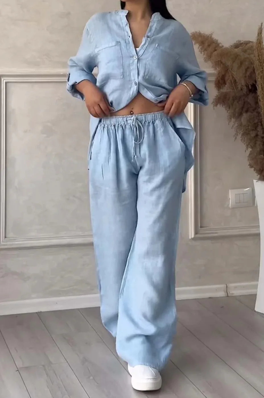 Women's  Color Long Sleeve Shirt And Wide Leg Pants Two-Piece Set Button-Up Tie Waist Long Pants Fashionable Ensemble
