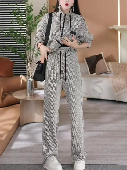Fashion Casual Striped Top Sports Two-piece Set for Women's Spring and Autumn New Style Loose and Slim Wide Leg Pants Set