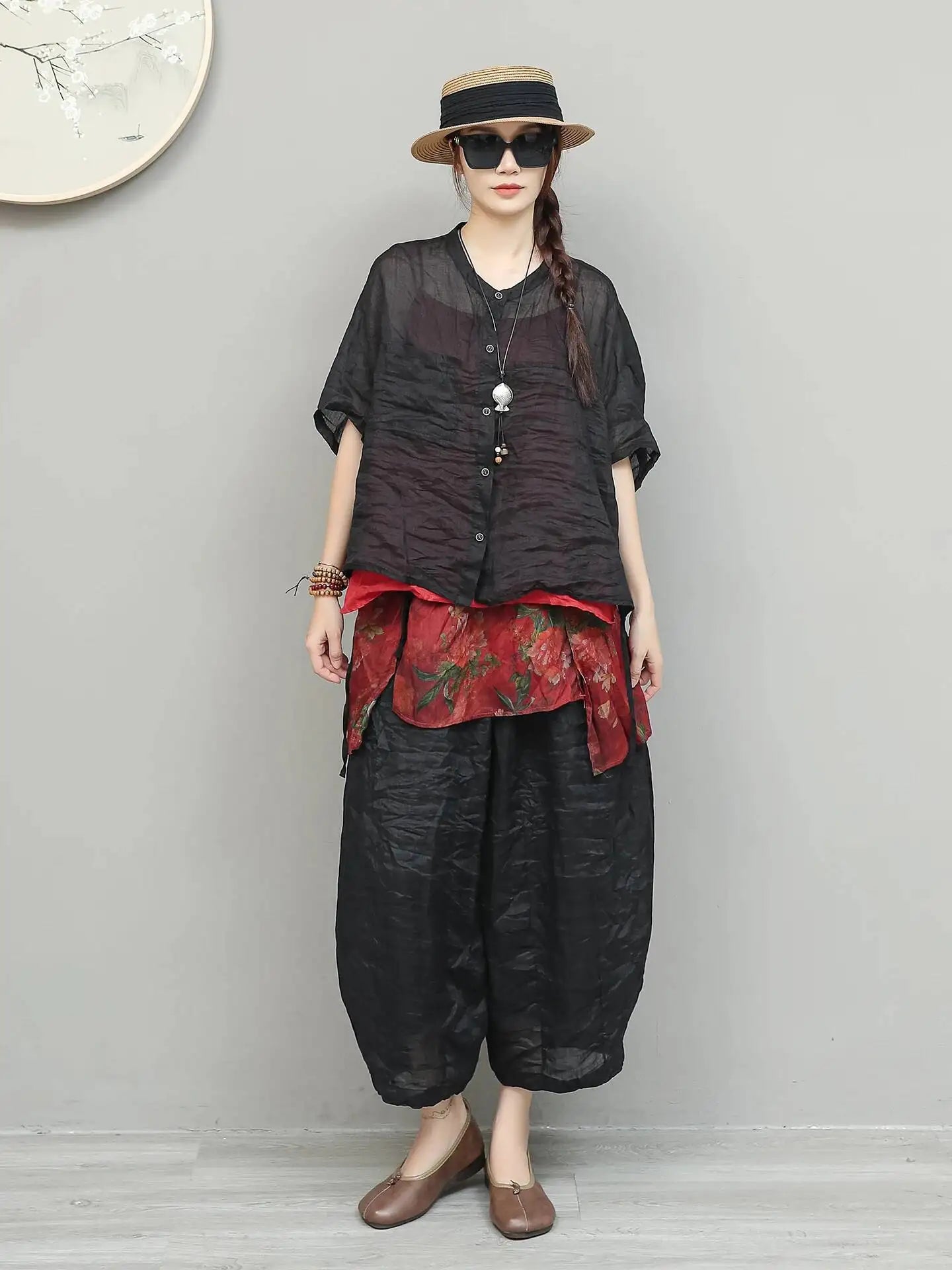 Lightweight Ramie Pant Women Summer Loose Wide-leg Cropped Pants Black LX5765