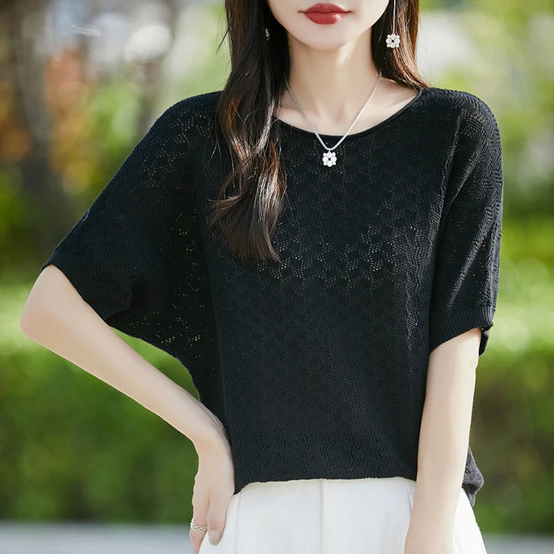 100% cotton ladies spring and summer comfortable round neck advanced design half sleeve pullover short sleeve blouse.