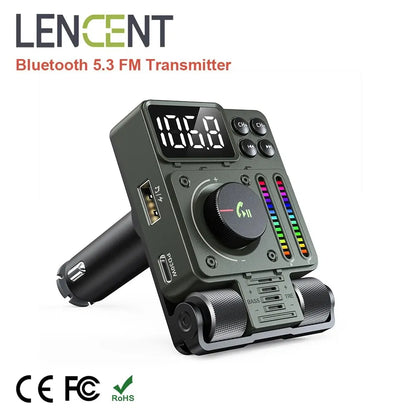 LENCENT Bluetooth 5.3 FM Transmitter for Car Adjustable Treble and Bass Sound Music Player Supports PD30W Fast Charging Car Kit