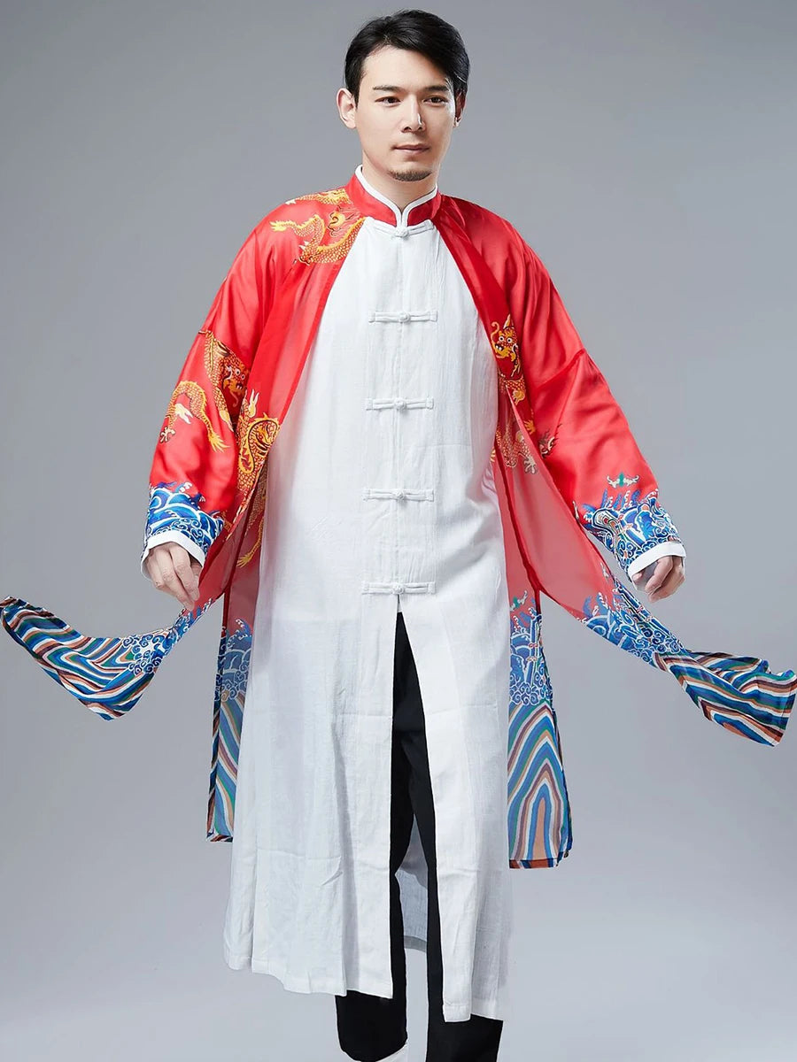 Retro Chinese Sle Youth Men's Long irt Fake Two-Piece Silk Printed Cotton Linen Hanfu Tang Costume Robe Summer Casual Wear