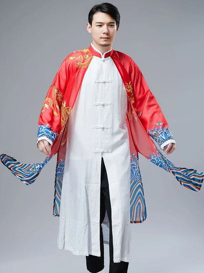 Retro Chinese Sle Youth Men's Long irt Fake Two-Piece Silk Printed Cotton Linen Hanfu Tang Costume Robe Summer Casual Wear