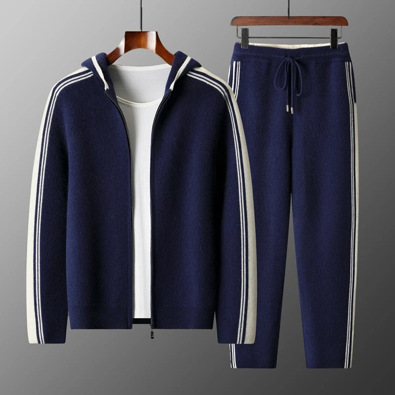 100% wool men's matching set hooded collar zipper cardigan jacket casual knitt pants pocket loose 2-piece set sports suit stripe