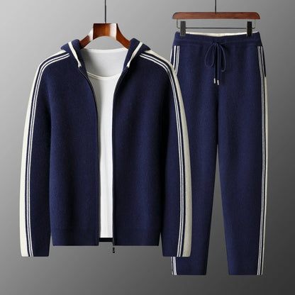 100% wool men's matching set hooded collar zipper cardigan jacket casual knitt pants pocket loose 2-piece set sports suit stripe