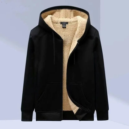 2026 autumn and winter plus plush thick loose oversized solid color cardigan hooded zipper sweatshirt men's lambskin warm jacket
