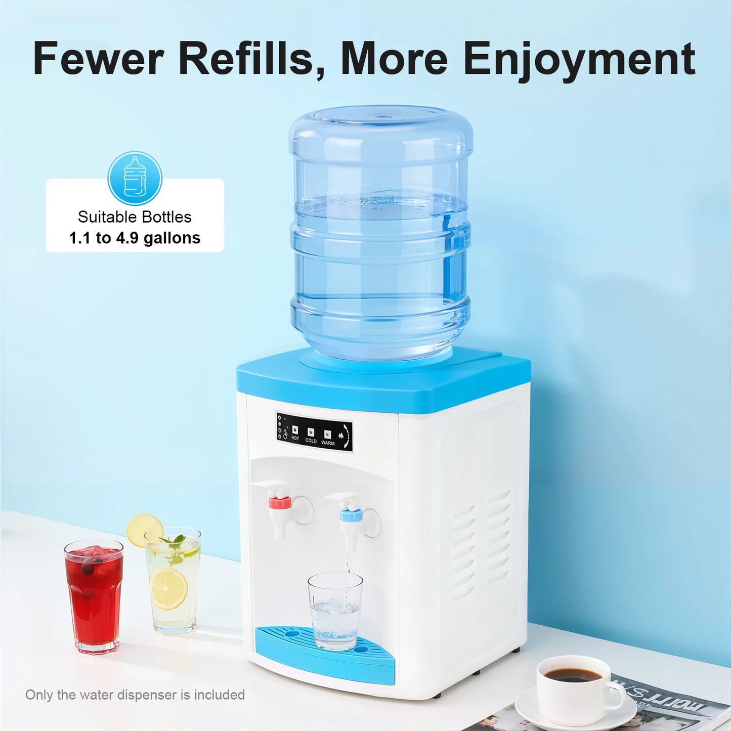 White Blue Top Loading 3 Temperatures Water Dispenser Hot Cold Normal Water Cooler 550W 110V US Plug PP Stainless Steel Desktop Freestanding Drinking Machine 5L/H Hot 0.7L/H Cold Fit 4.5-18.9L 1.1-4.9Gallon Water Bottle