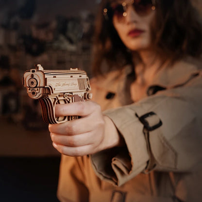 ROKR Mini Pistol 3D Wooden Model Toy, Mechanical Assembly Model, Rubber Band Launch Function, Suitable for Beginners