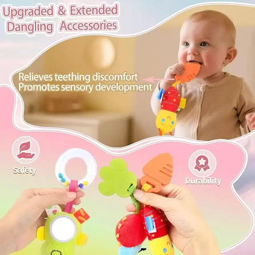 Baby Spiral Stroller Hanging Toy,Soft Plush Animal Rattle with detachable Teether&Mirror,Infant Car Seat Sensory Activity Toy