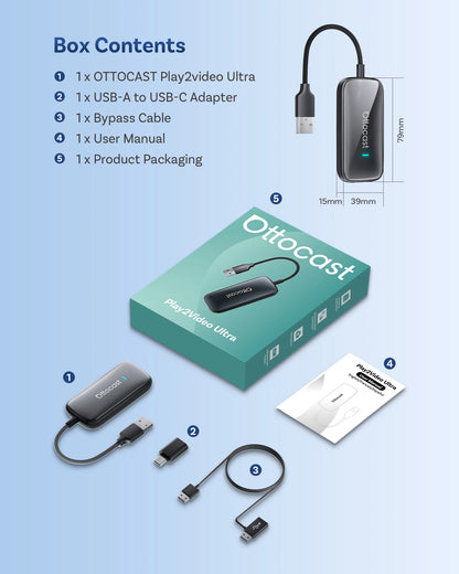 OTTOCAST Play2Video Ultra Wireless CarPlay AI BoxVideo Streaming forCar YouTube Netflix IPTV Plug&Play for Factory Wired CarPlay