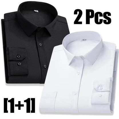 New In Tops Pure Cotton Men's Long Sleeve Business Social Plain Shirts Fashion Single Pocket Casual Slim Fit Solid Color Blouses