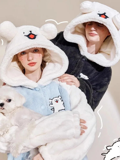 Thickened Coral Fleece Sleep Robe for Women Winter Home Clothes Couples Pajamas Cute Warm Long Cartoon Patterned Robe