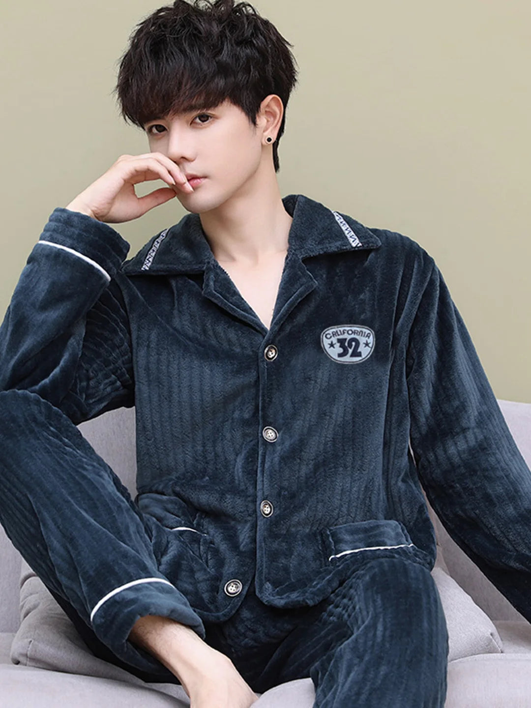 Men's Thickened Flannel Pajamas Coral Fleece Home Clothes Cardigan Set Long Sleeve Long Pants Soft Warm Winter Autumn Sleepwear