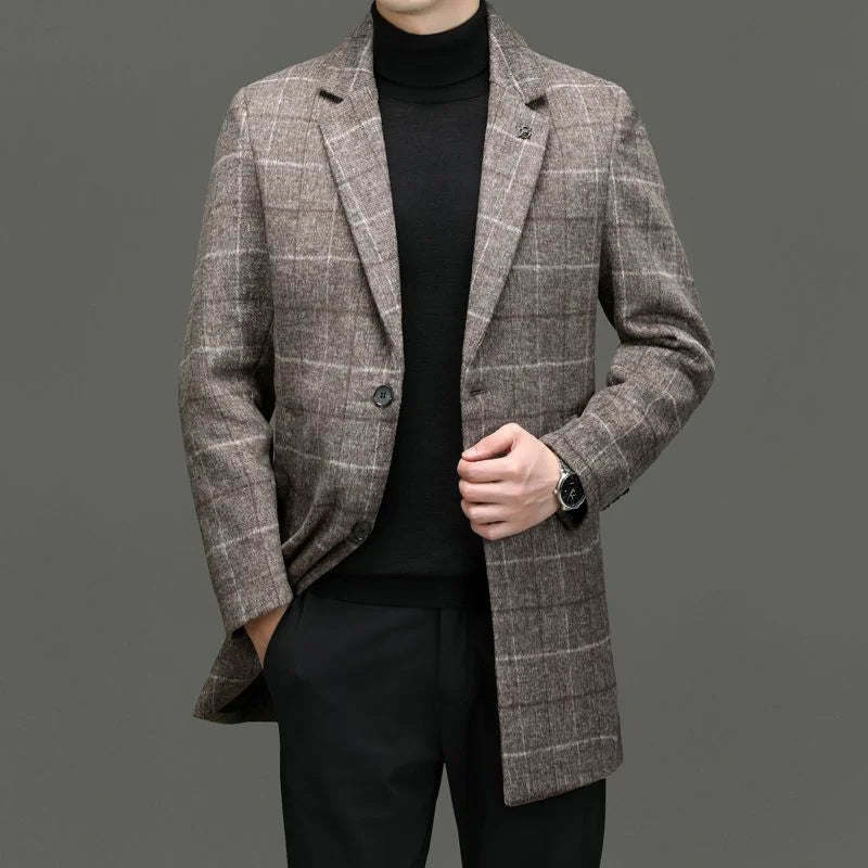 Men's Tweed Coat Spring Autumn Plaid Woolen Windbreaker Youth Mid-Length Casual Handsome High-End Jacket Male Model