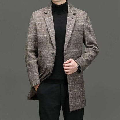 Men's Tweed Coat Spring Autumn Plaid Woolen Windbreaker Youth Mid-Length Casual Handsome High-End Jacket Male Model