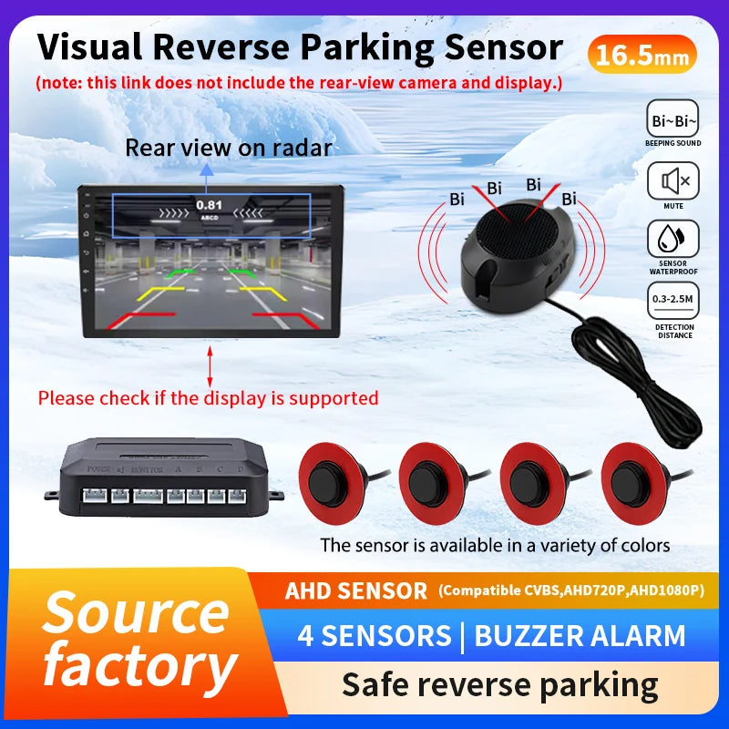 Car Reverse Parking Sensor 4 AHD Sensors 16.5mm Compatible CVBS AHD 1080P Sound Mute Mode Vehicle Safety Alert System