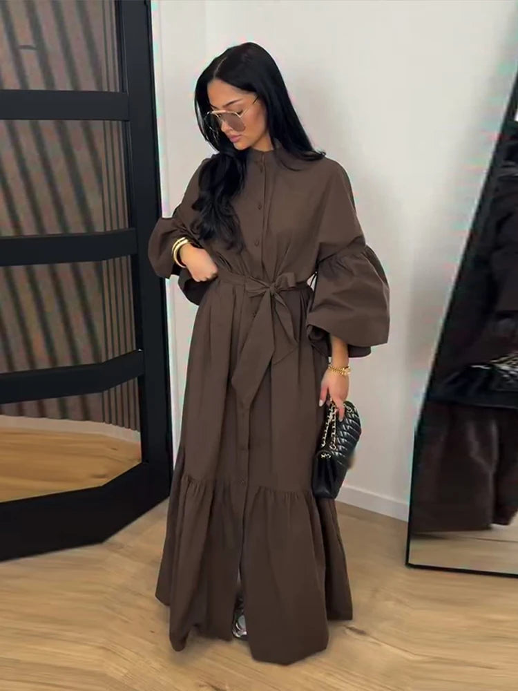 Casual Women Dress Belt Cinched Waist Long Sleeve High Collar Solid Single Breasted Female Dress Chic Lady Commute Summer 2026